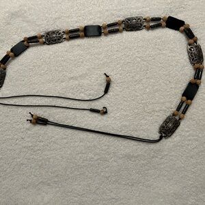Chicos leather, wood, silver like metal belt.
